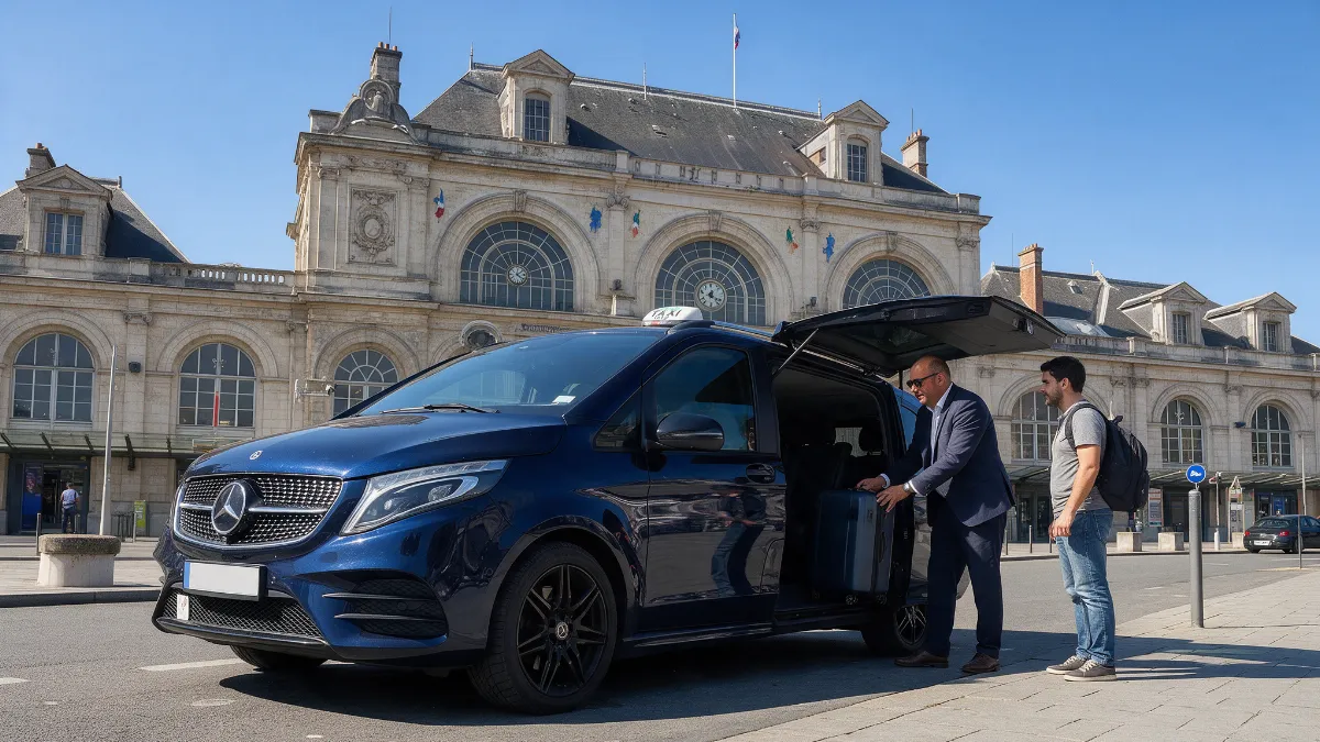 Chauffeur de taxi chargeant une valise dans un Mercedes Classe V devant la gare Lille-Flandres