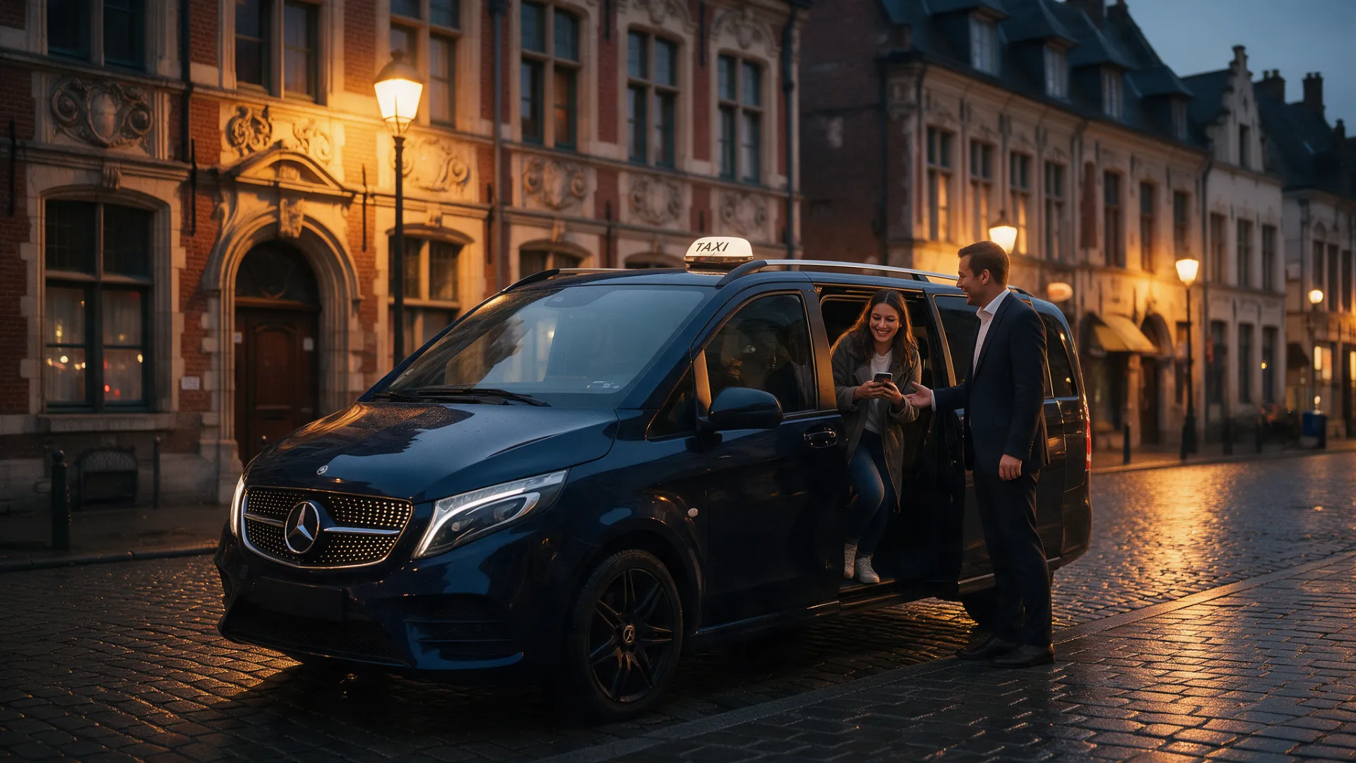 Chauffeur Art Taxi Lille ouvrant la porte de son taxi à une cliente dans le Vieux-Lille le soir